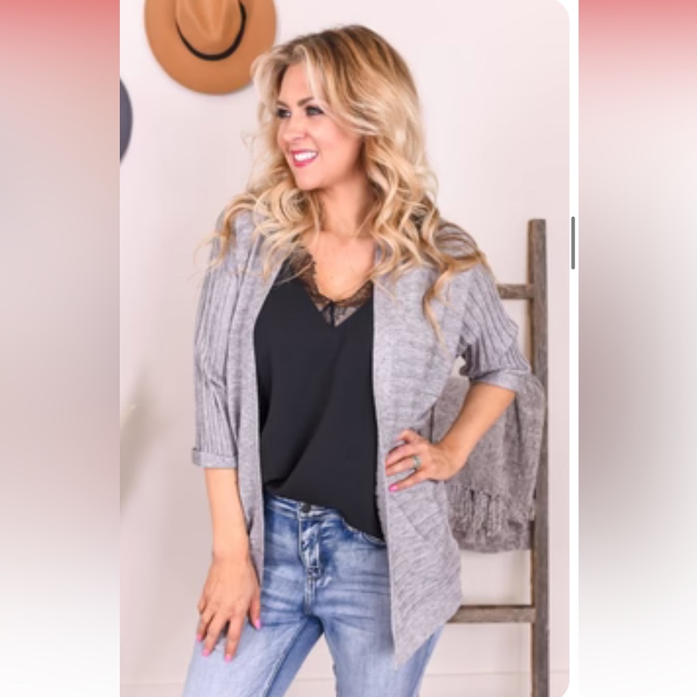 Gray Knit Kimono Cardigan Lightweight Open Front Boho Layering Top 1X